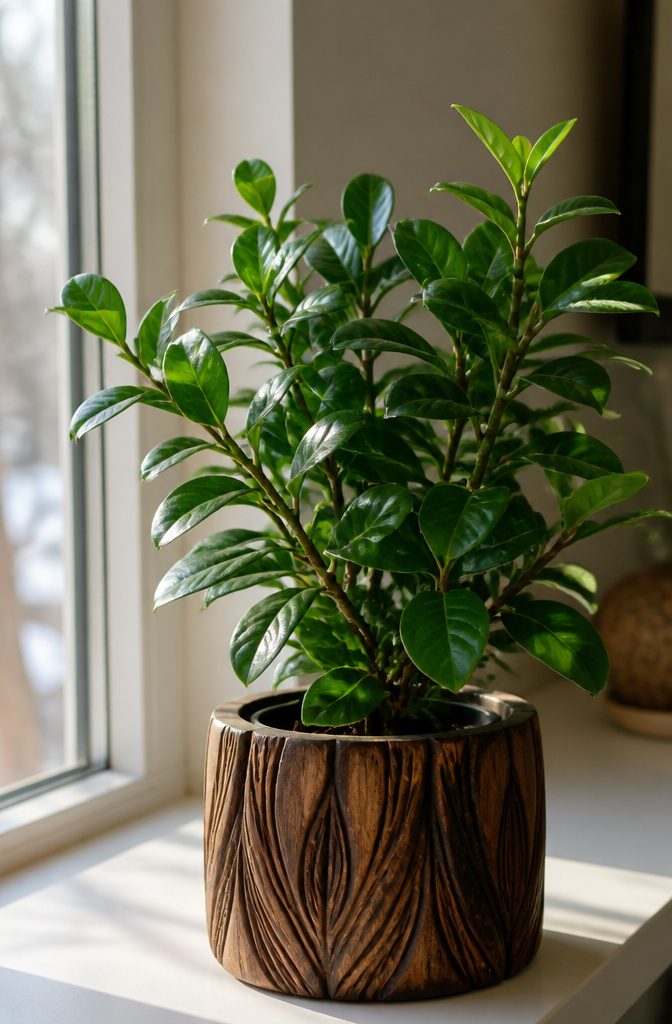 Glossy-leaved mirror bush in a container.