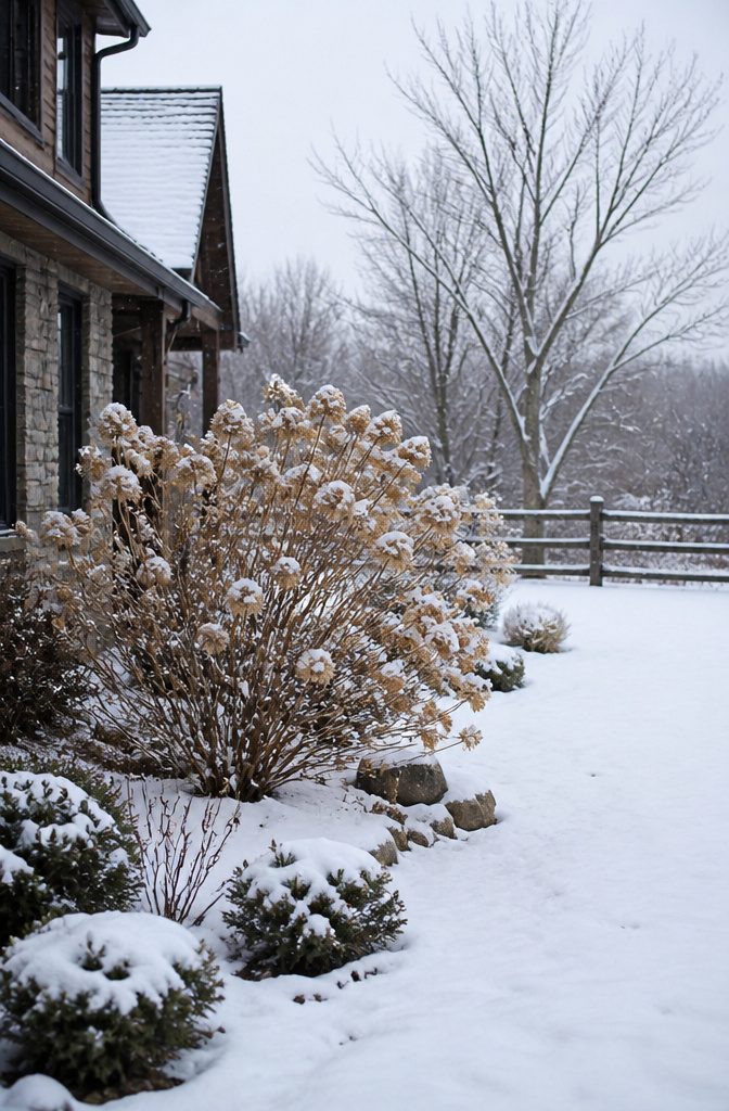 Dried blooms of panicle hydrangea covered in frost.