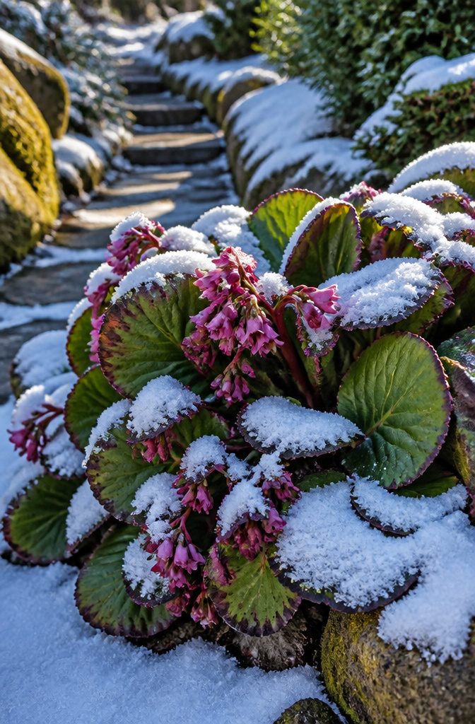 Thick, cabbage-like leaves of pigsqueak with pink blossoms.