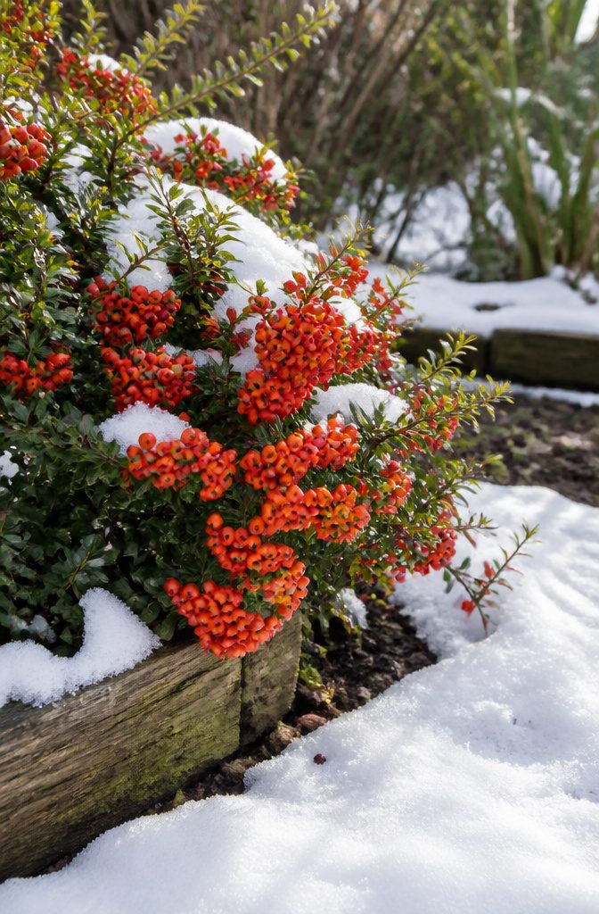 Pyracomeles shrub with orange berries against snow.