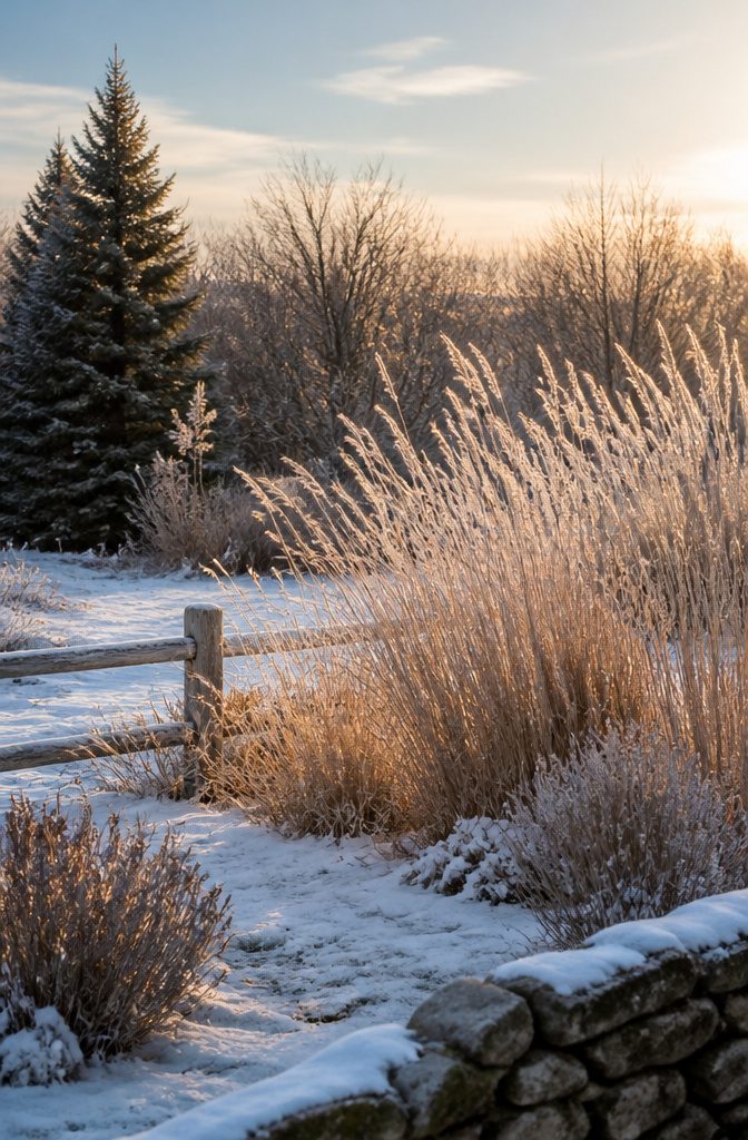 Upright switch grass with frost and light snow on its stems.