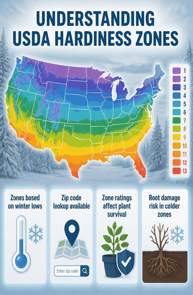USDA Plant Hardiness Zone Map displaying numbered zones.