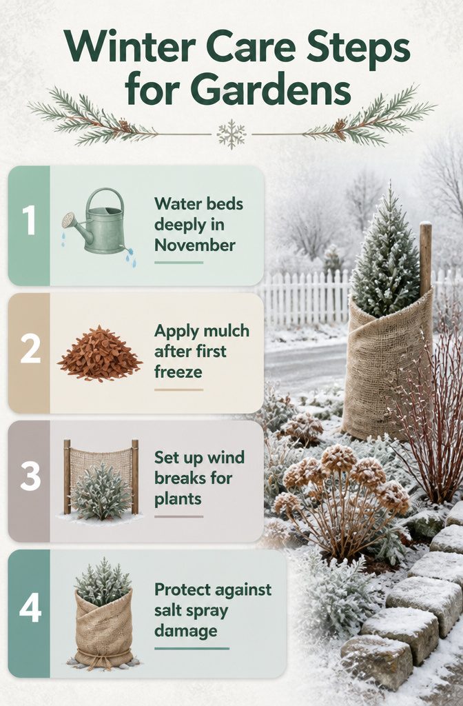 Illustration of winter care steps for gardens.