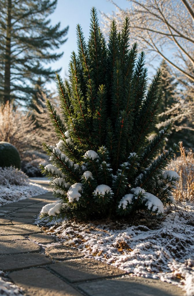 Yew shrub with dark green needles and red arils.