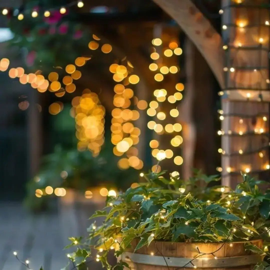 Green ivy plants in a wooden barrel decorated with warm white fairy lights.