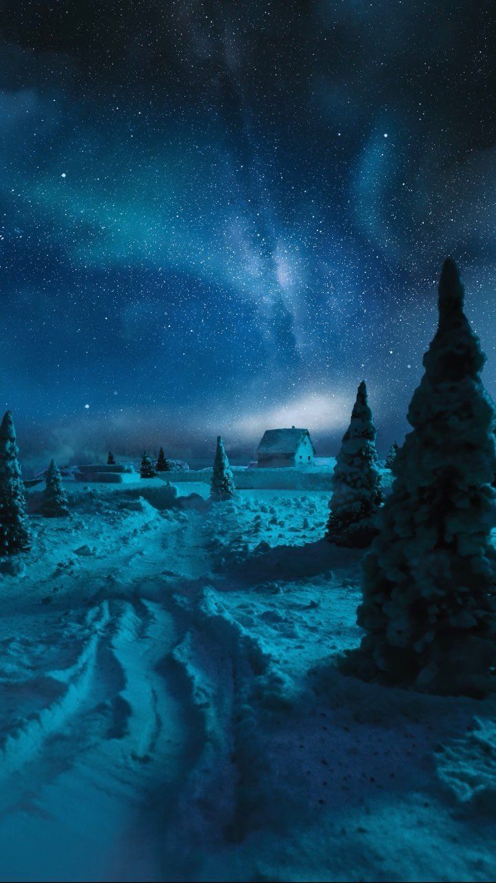 Miniature snow-covered log cabin nestled among evergreen trees under a starry night sky.