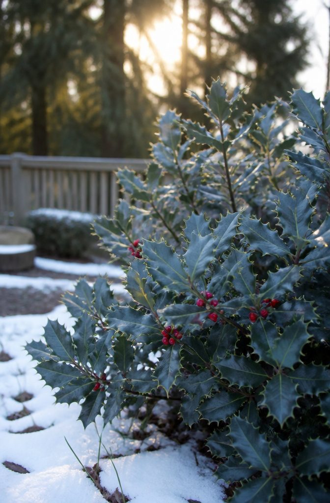 20 Winter Plants for Cold Weather Gardens 11 Blue holly with blue-green leaves and red berries in winter.