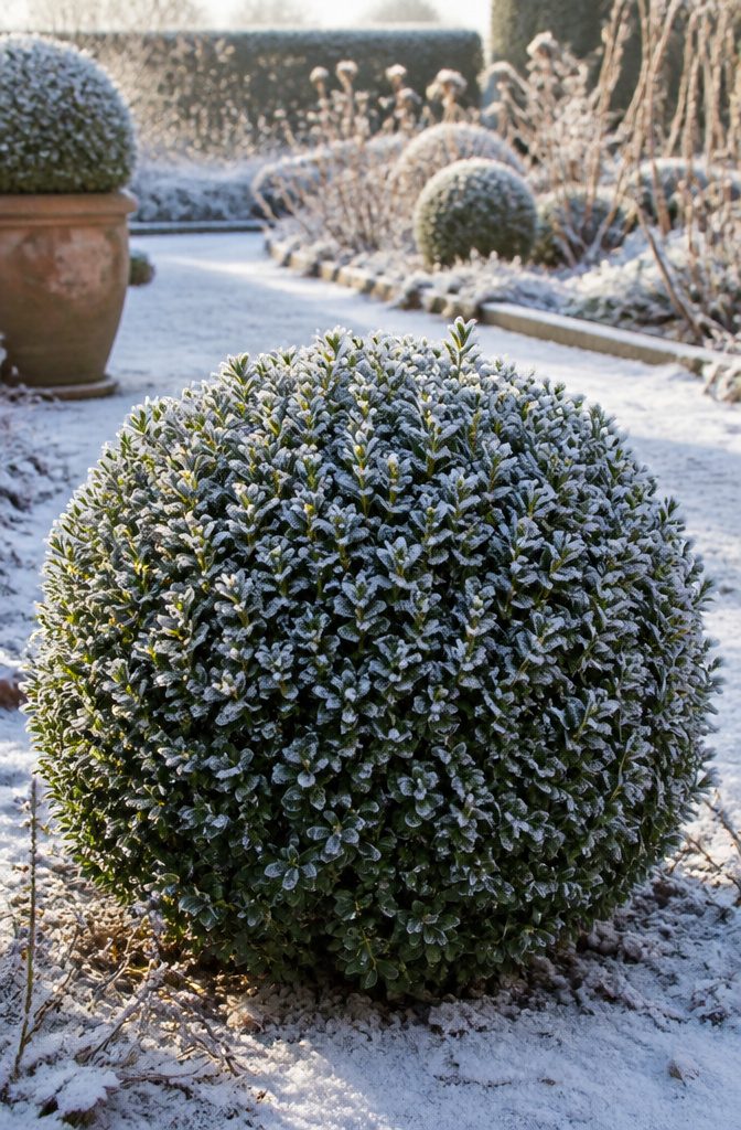 20 Winter Plants for Cold Weather Gardens 4 Boxwood shrub with a dark green color in a winter garden.