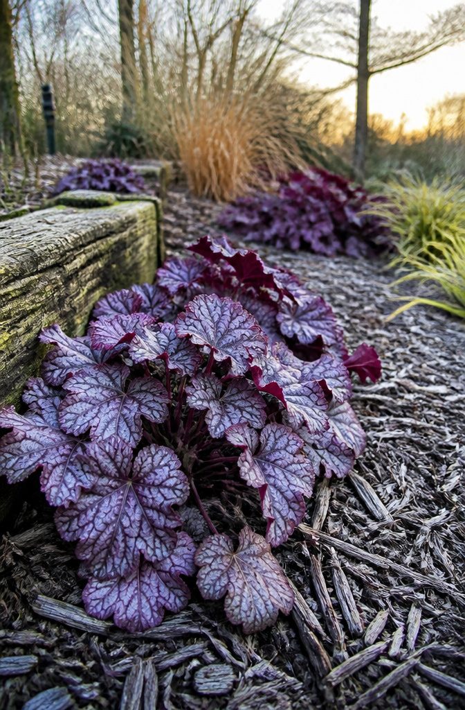 20 Winter Plants for Cold Weather Gardens 2 Cluster of Heuchera 'Dolce' with dark foliage and gray winter mulch.