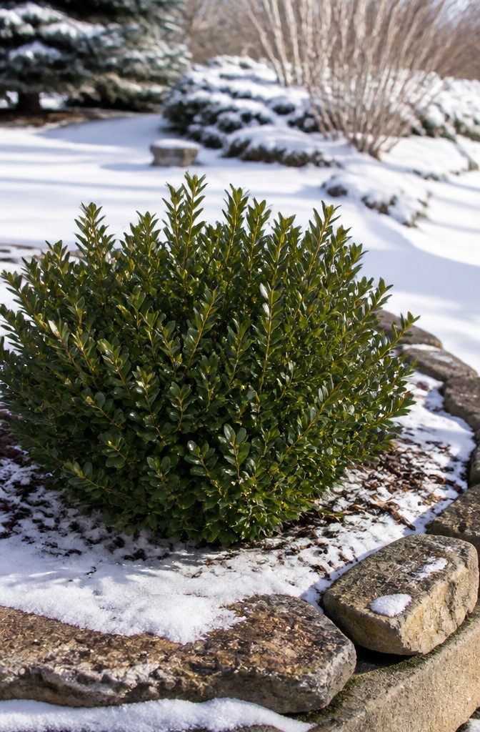 20 Winter Plants for Cold Weather Gardens 10 Inkberry holly with dense green leaves covered in snow.