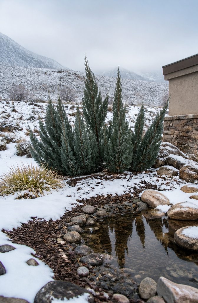 20 Winter Plants for Cold Weather Gardens 13 Juniper plant with green foliage in a winter garden.