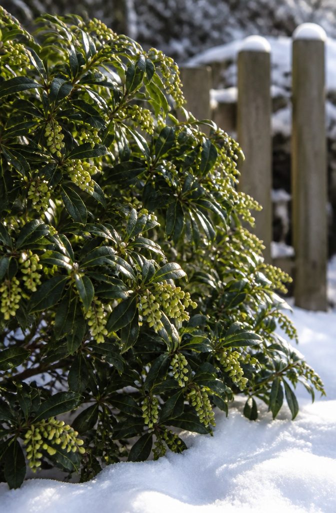 20 Winter Plants for Cold Weather Gardens 15 Lily of the valley shrub with white flowers in a winter setting.