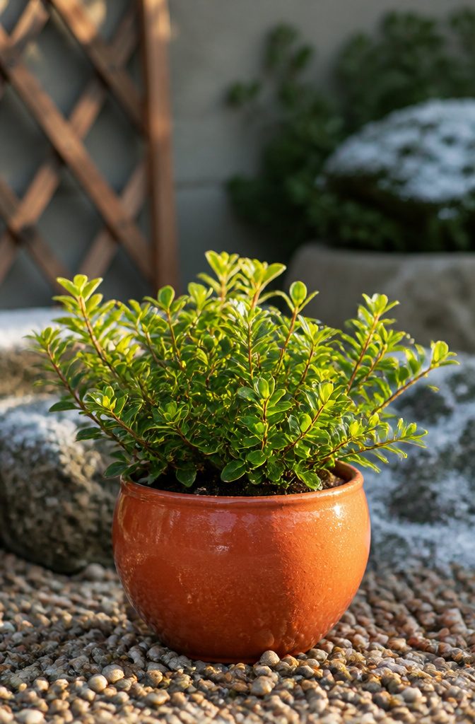 20 Winter Plants for Cold Weather Gardens 6 Mirror bush with shiny, thick leaves in a winter garden.