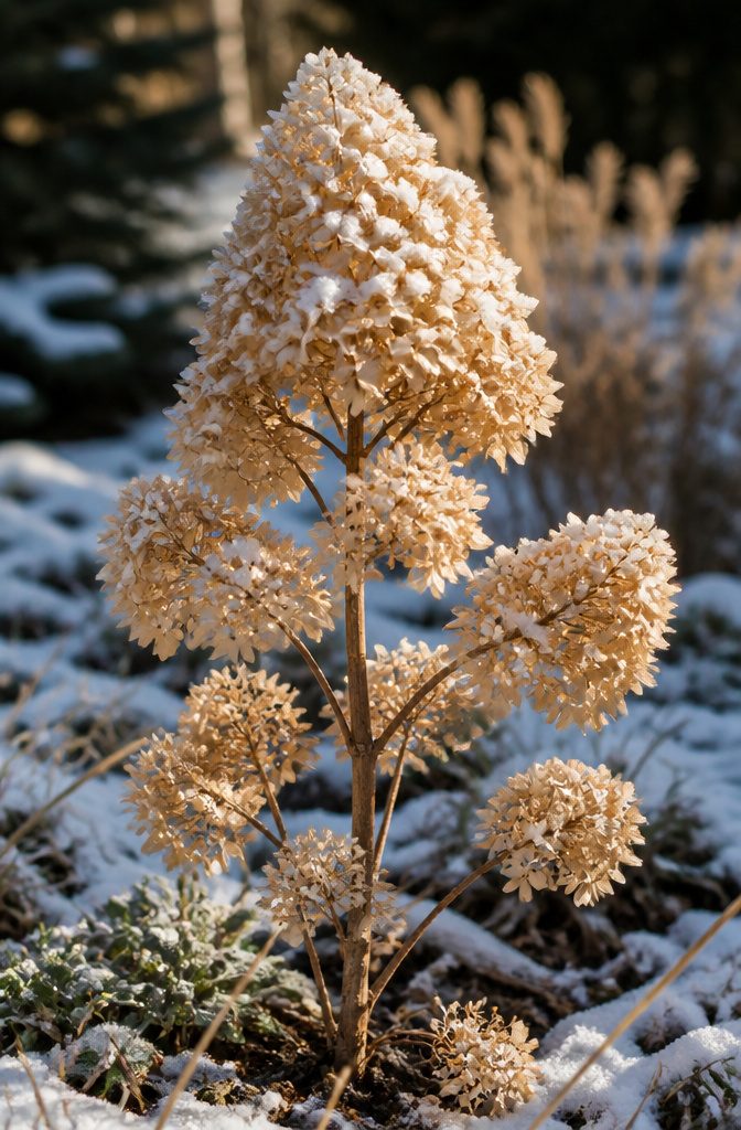 20 Winter Plants for Cold Weather Gardens 9 Dried flower heads of panicle hydrangea in a winter garden.