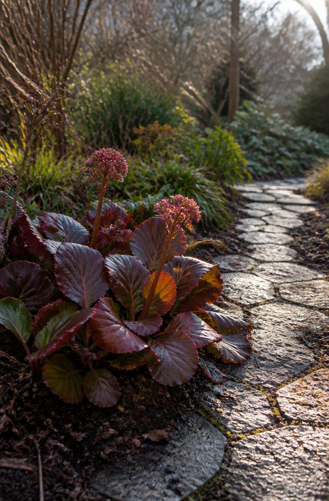 20 Winter Plants for Cold Weather Gardens 1 Bergenia cordifolia with bronze-red leaves and a stone pathway.