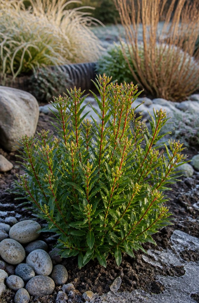 20 Winter Plants for Cold Weather Gardens 18 Pyracomeles shrub with vibrant green leaves in winter.