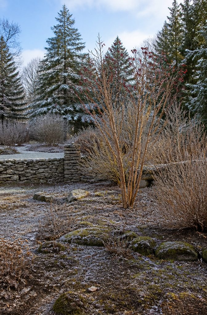 20 Winter Plants for Cold Weather Gardens 8 Seven son flower with textured bark and red calyxes in winter.
