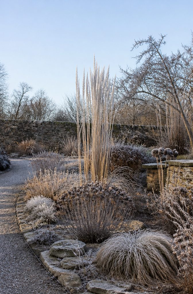 20 Winter Plants for Cold Weather Gardens 3 Switch grass with frost-covered seed heads in a winter setting.