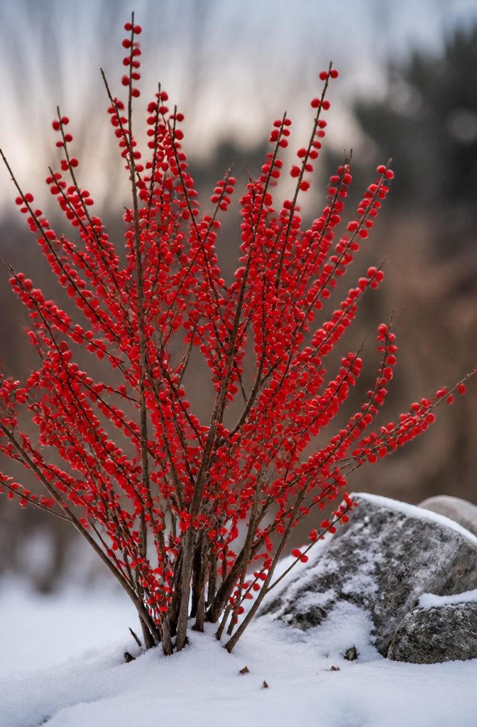 20 Winter Plants for Cold Weather Gardens 12 Winterberry holly with red berries on bare branches in winter.