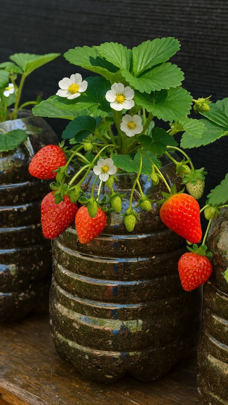 Strawberry plants with ripe red fruit growing inside repurposed clear plastic soda bottles.